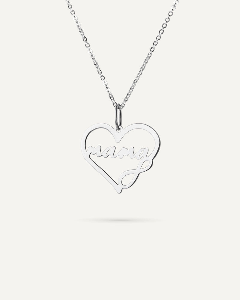 Collar mamá con forma de corazón e infinito en plata de ley rodiada.