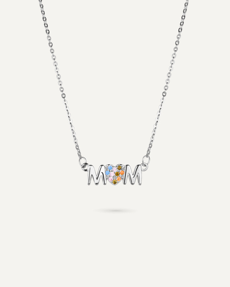 Collar "mom" con circonitas de color en plata de ley rodiada.