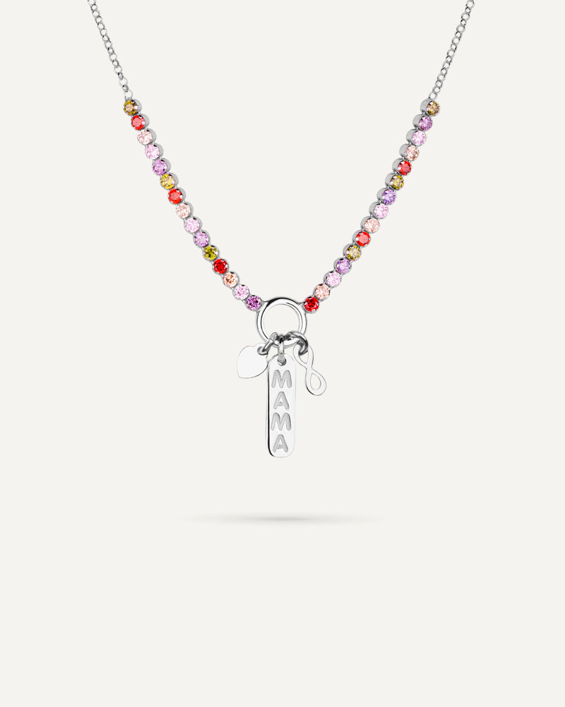 Collar mamá con circonitas multicolor en plata de ley rodiada.