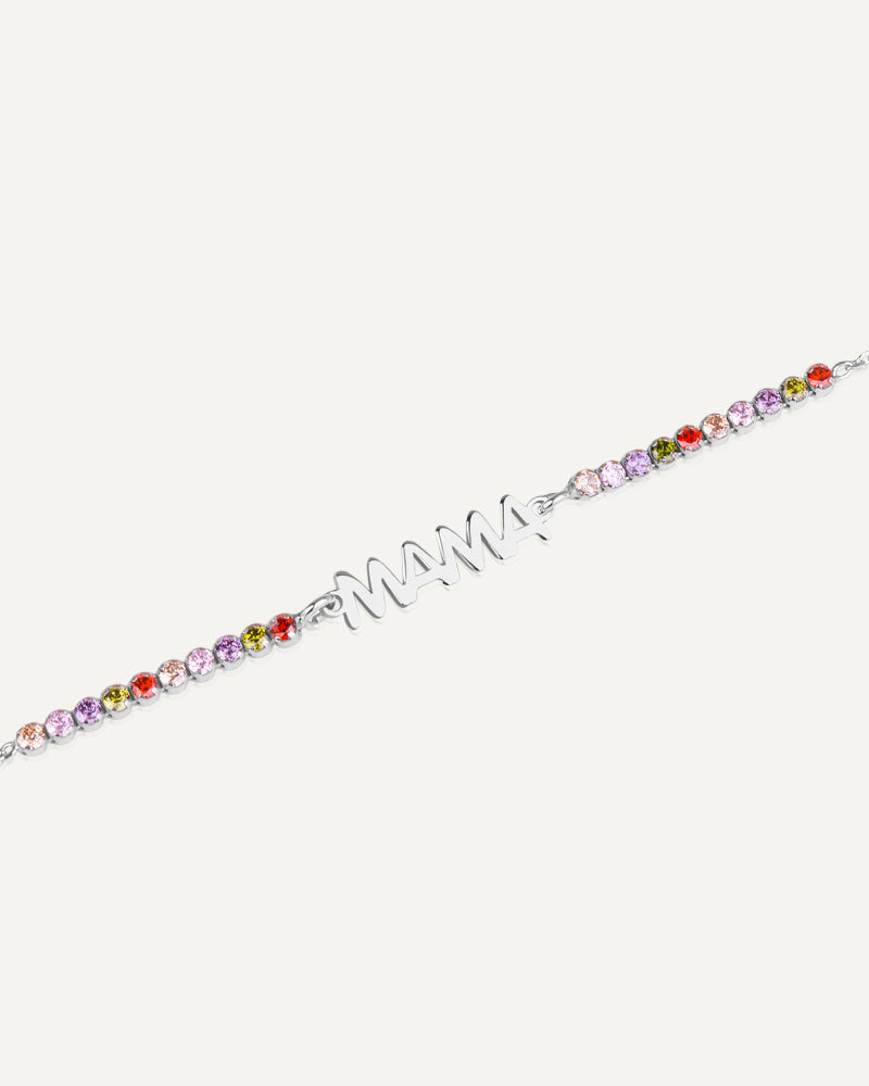 Pulsera mamá con circonitas multicolor en plata de ley rodiada. 