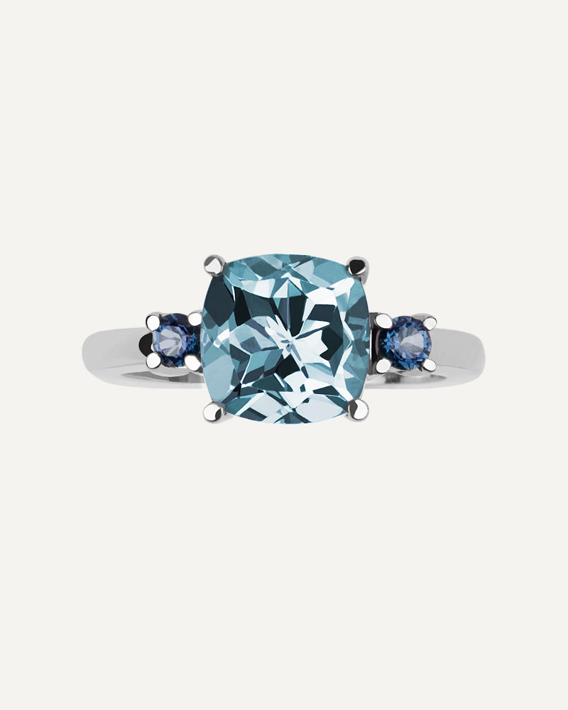 ANILLO CUSHION SKY Y LONDON BLUE A AMBOS LADOS