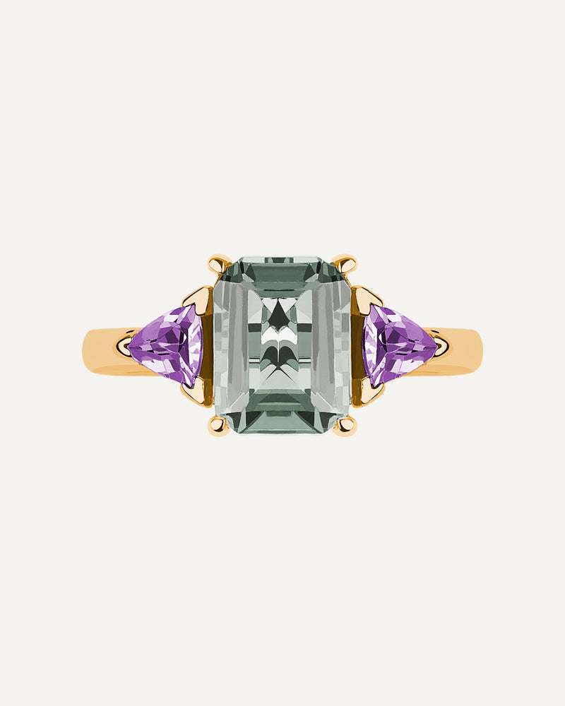 Anillo Luxe en plata de ley con amatista verde y amatistas moradas.