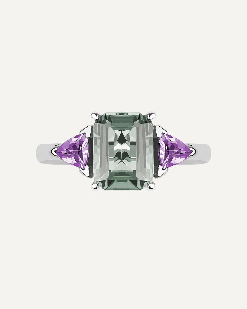 Anillo Luxe en plata de ley con amatista verde y amatistas moradas.