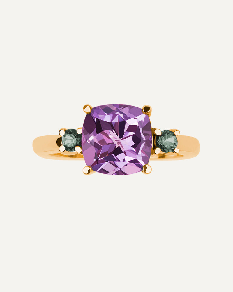 ANILLO CUSHION AMATISTA MORADA Y AMATISTA VERDE A AMBOS LADOS