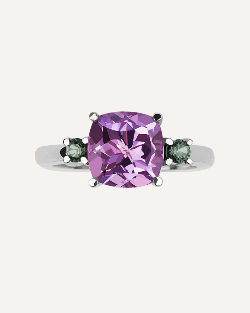 ANILLO CUSHION AMATISTA MORADA Y AMATISTA VERDE A AMBOS LADOS