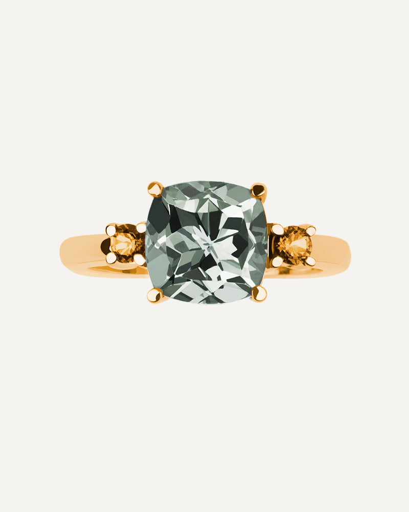 Anillo Luxe en plata de ley con amatista verde y cuarzo citrino.