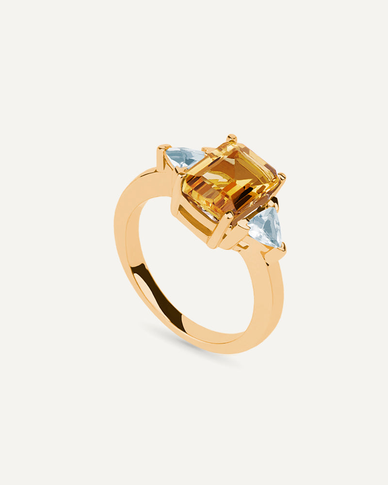 ANILLO OCTOGONAL CITRINO Y SKY A AMBOS LADOS