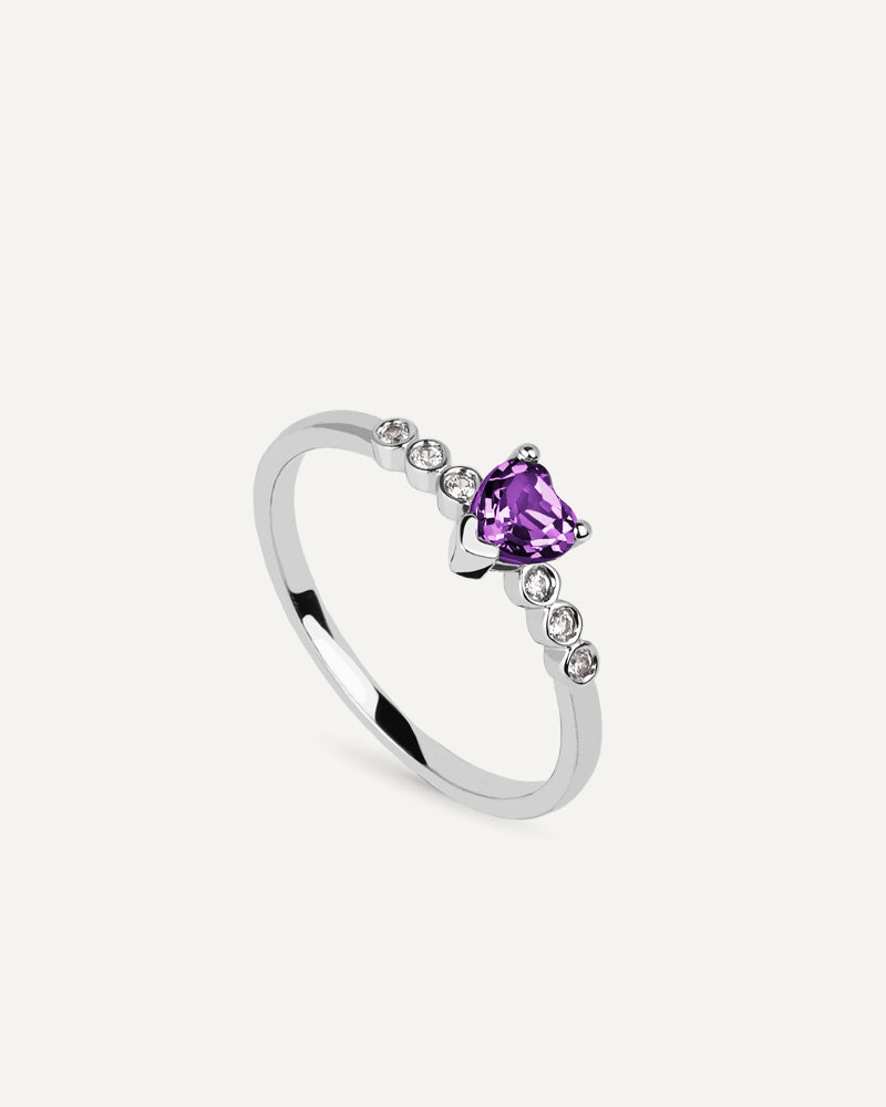ANILLO CUARZO AMATISTA MORADA TALLA CORAZÓN Y TOPACIOS BLANCOS