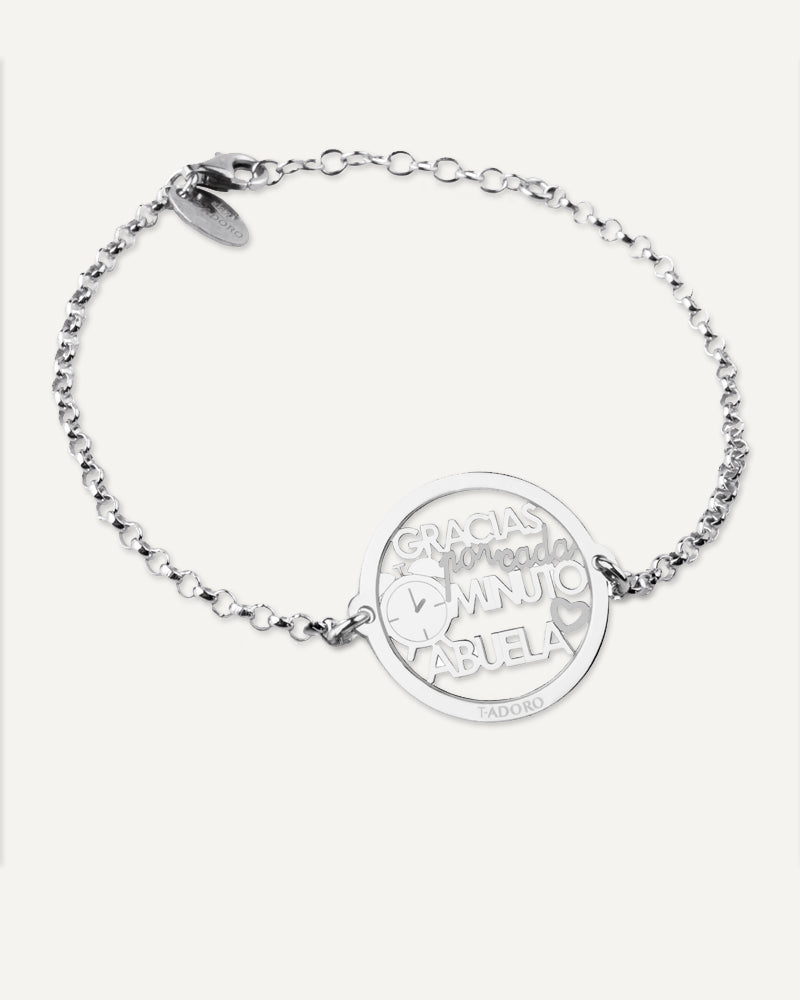 Pulsera "Gracias por cada minuto abuela" en plata de ley rodiada.