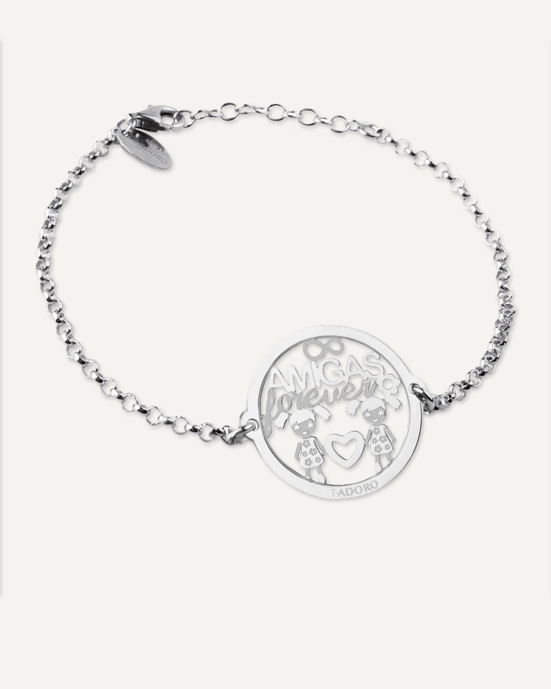 Pulsera "Amigas forever" en plata de ley rodiada.