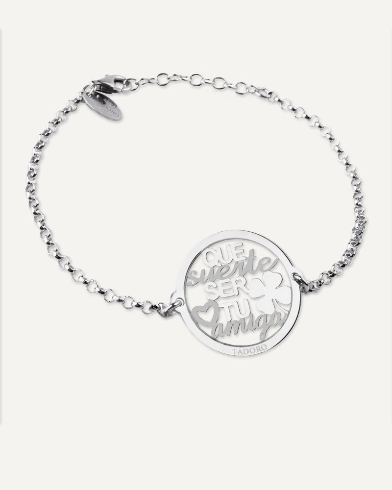 Pulsera "Que suerte ser tu amiga" en plata de ley rodiada.