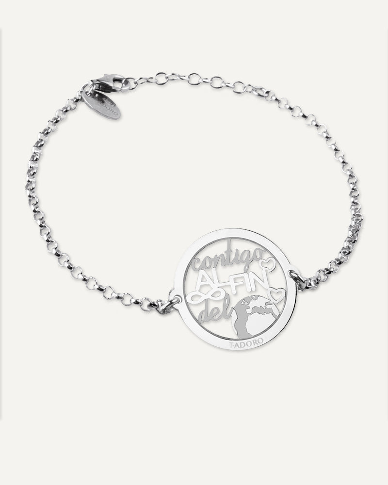 Pulsera "Contigo al fin del mundo" en plata de ley rodiada.