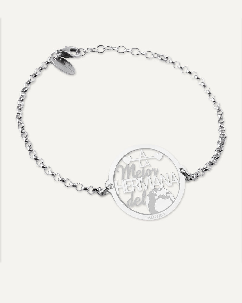 Pulsera "A la mejor hermana del mundo" en plata de ley rodiada.