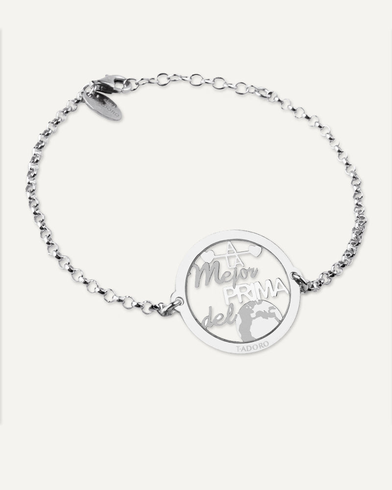 Pulsera "A la mejor prima del mundo" en plata de ley rodiada.