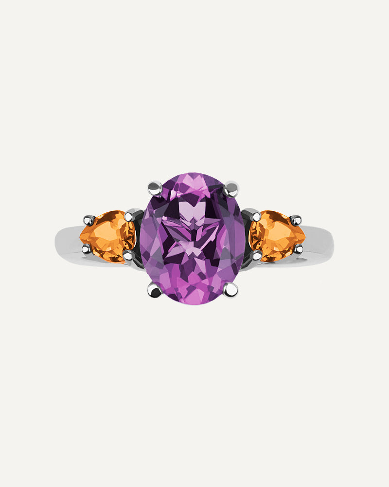 Anillo Luxe en plata de ley con amatista y cuarzos citrinos.