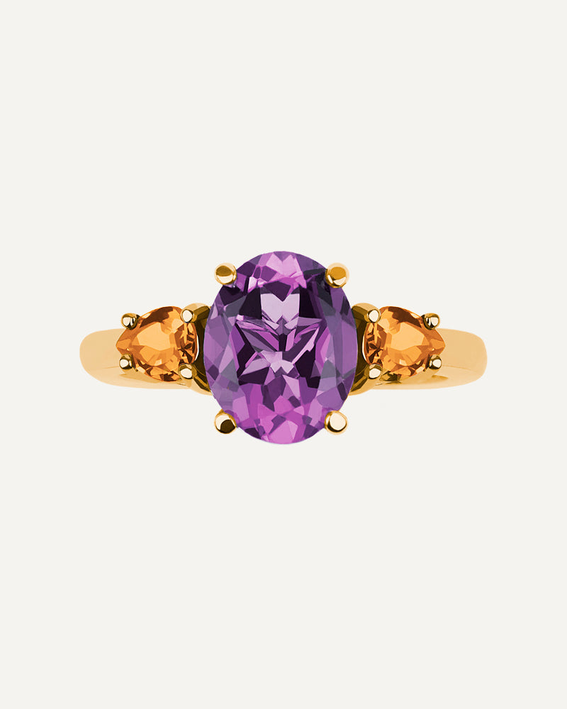 Anillo Luxe en plata de ley con amatista y cuarzos citrinos.