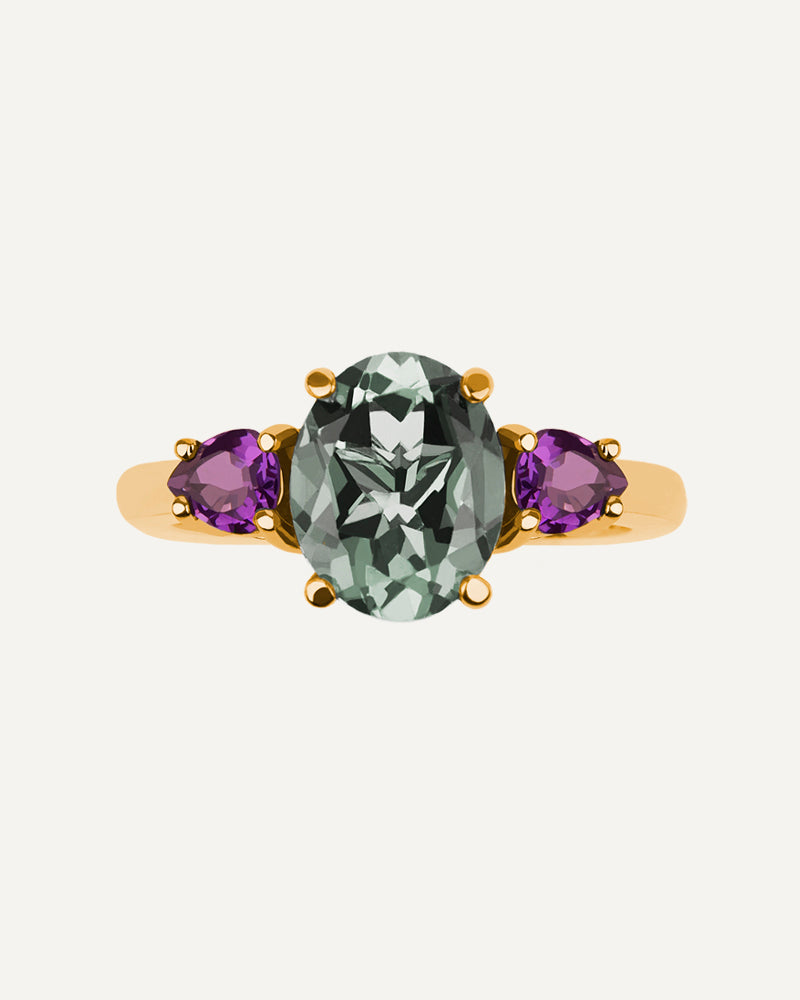 Anillo Luxe en plata de ley con amatista verde y amatistas moradas.