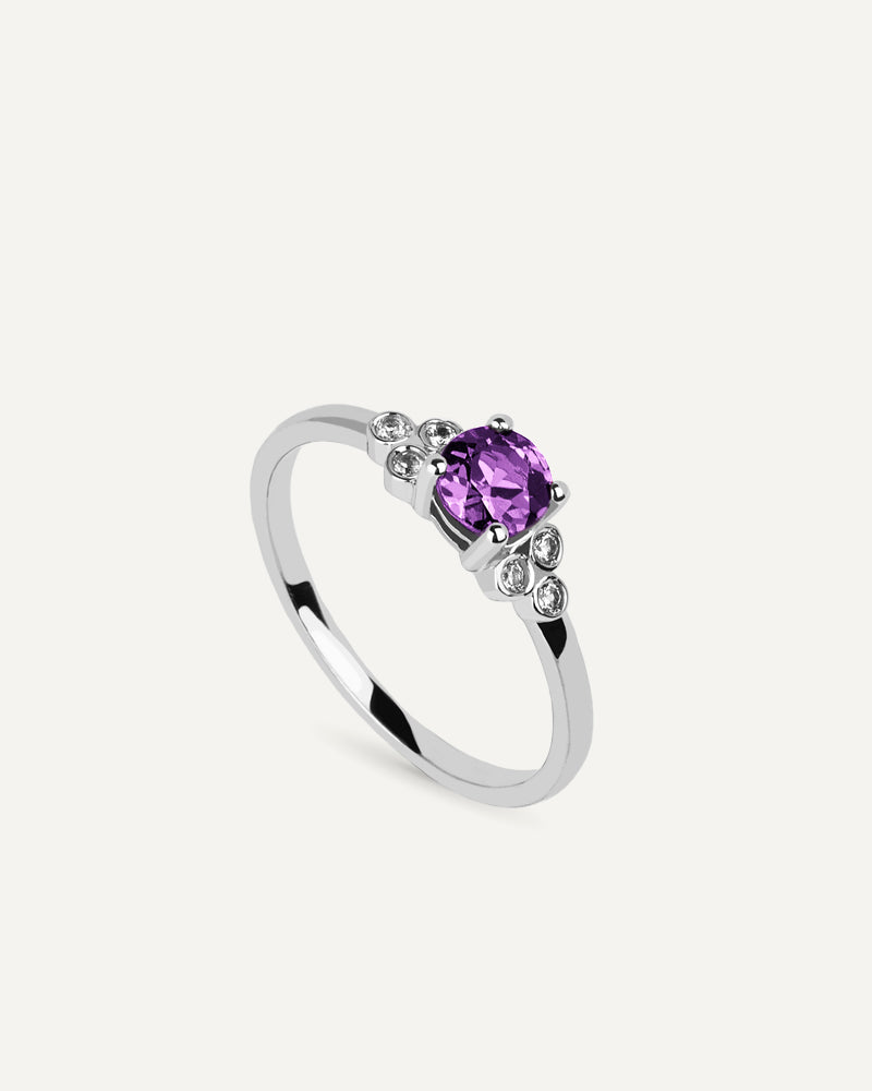 ANILLO CUARZO AMATISTA MORADA TALLA REDONDA Y TOPACIOS BLANCOS