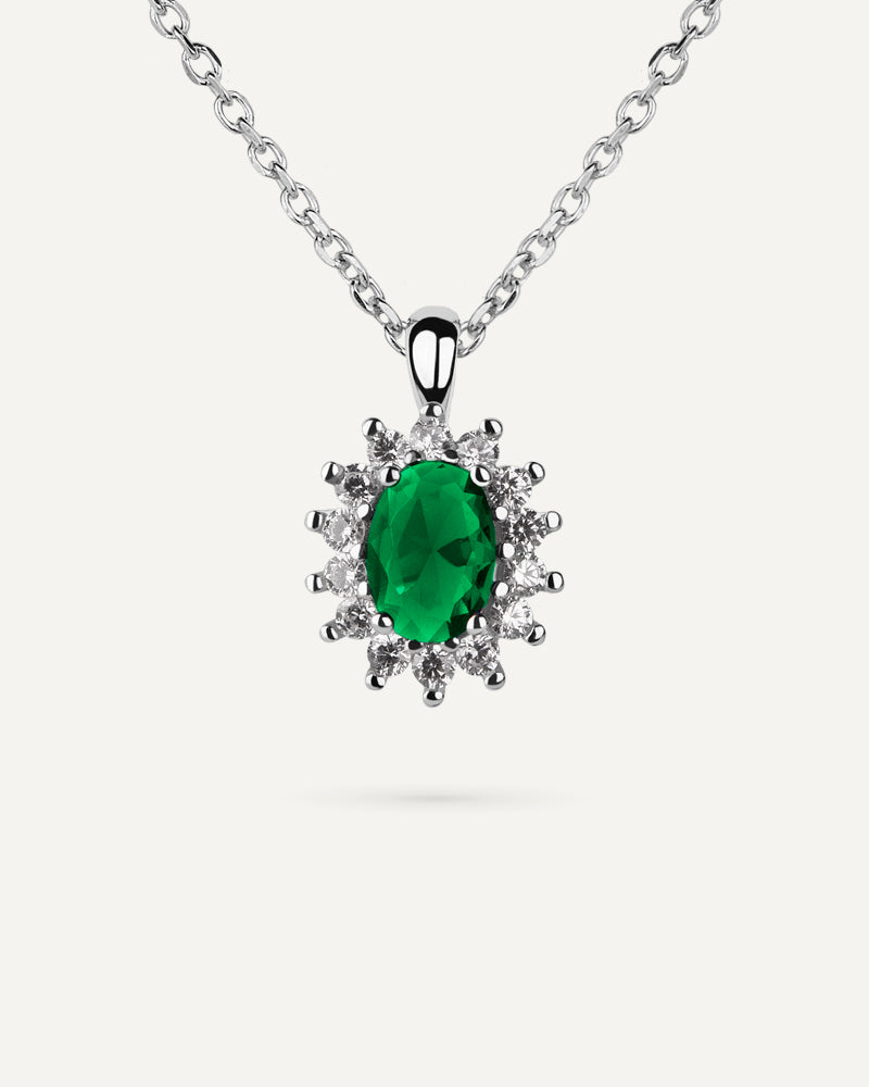 Collar BRILLIANT CUT en plata de ley y circonitas Excellence star cut y piedra verde