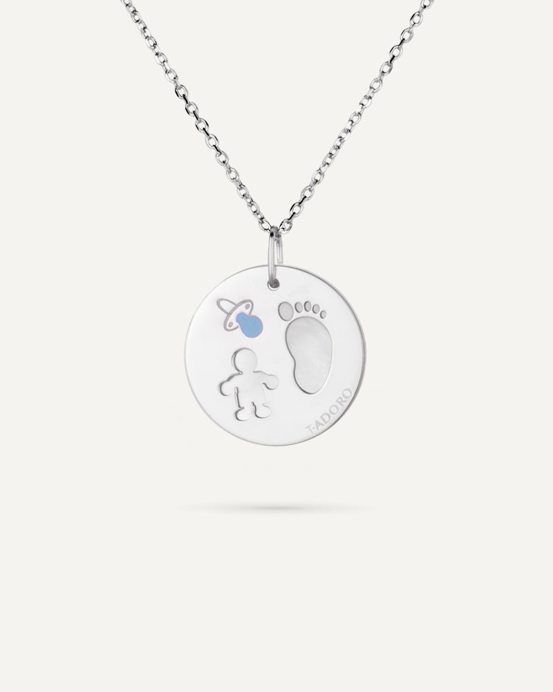 Collar dulces momentos "Niño chupe" con fondo de nácar en plata de ley rodiada.