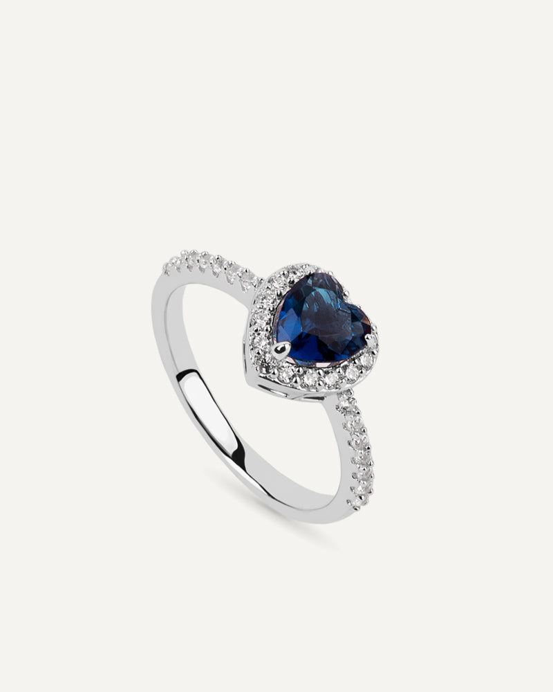 Anillo BRILLIANT CUT en garra en plata de ley con piedra azul y circonita Excellence star cut.