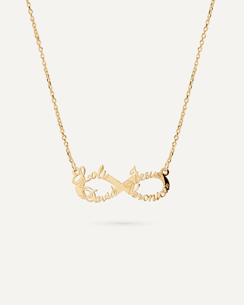 Collar infinito personalizado con 4 nombres en plata de ley