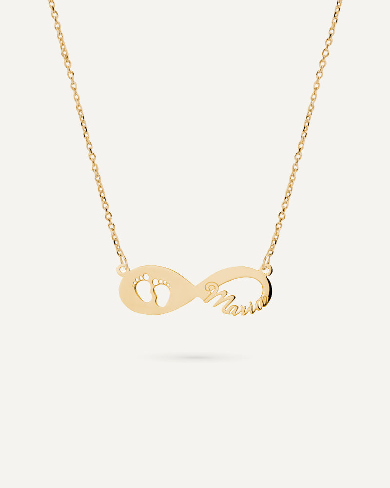 Collar infinito personalizado con huellas de bebé en plata de ley.