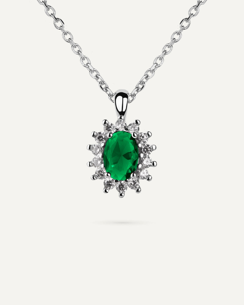 Collar BRILLIANT CUT en plata de ley y circonitas Excellence star cut y piedra verde