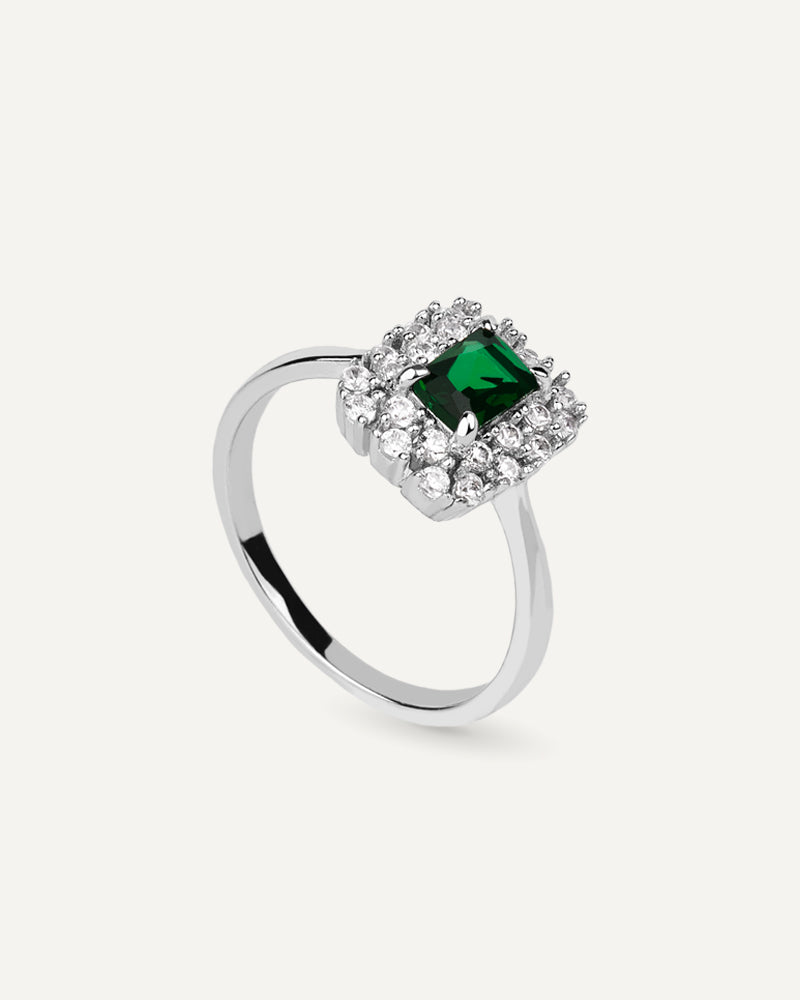 Anillo BRILLIANT CUT en plata de ley y circonitas Excellence star cut en color verde esmeralda