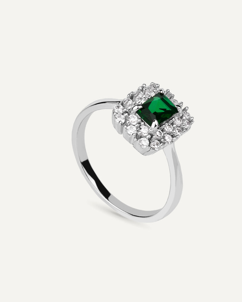 Anillo BRILLIANT CUT en plata de ley y circonitas Excellence star cut en color verde esmeralda