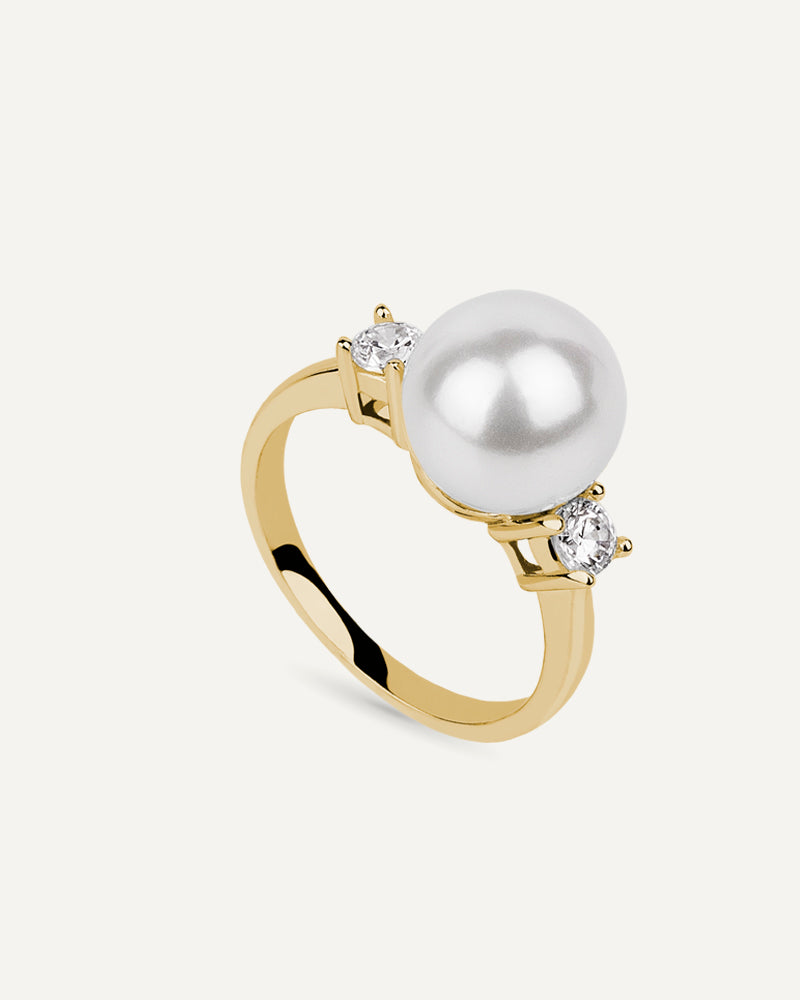 Anillo BRILLIANT CUT en plata de ley con circonitas Excellence star cut y perla de concha.