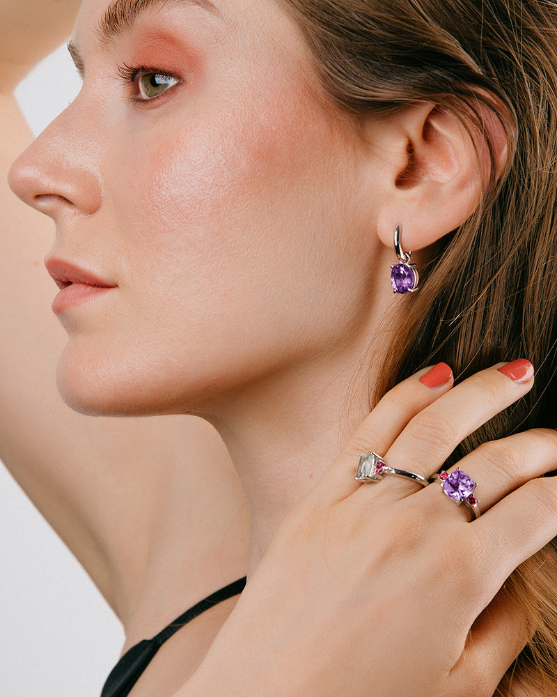 ANILLO CUSHION AMATISTA MORADA Y ROSA A AMBOS LADOS