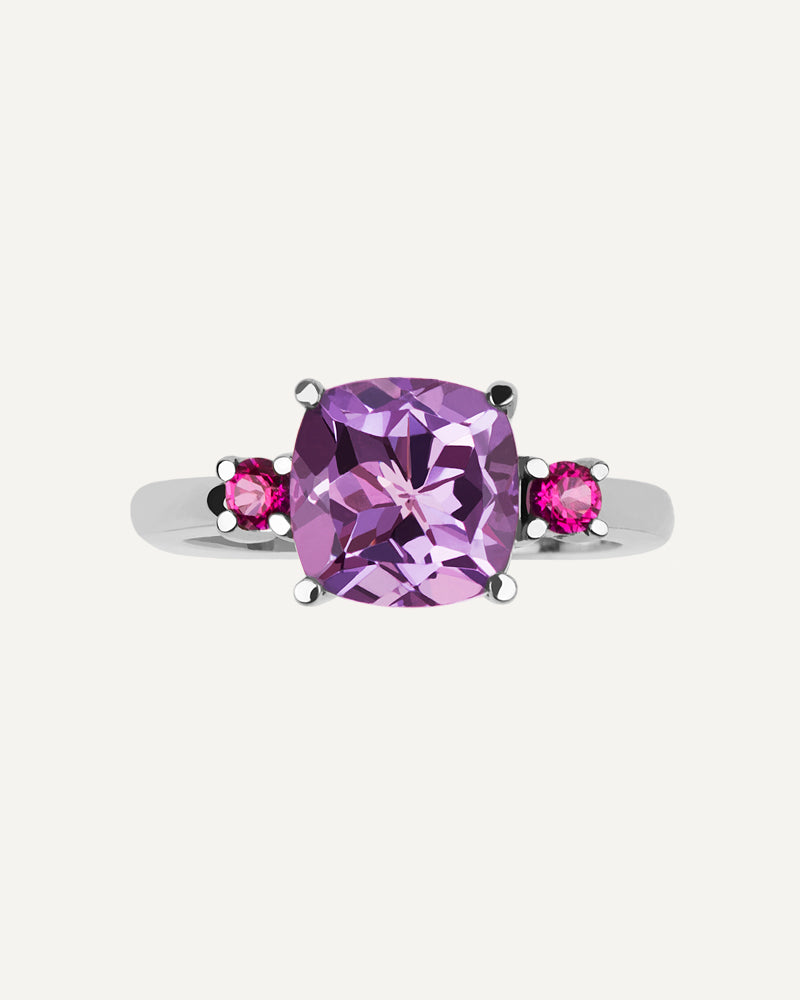 ANILLO CUSHION AMATISTA MORADA Y ROSA A AMBOS LADOS