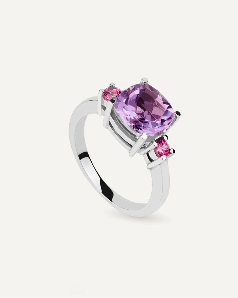ANILLO CUSHION AMATISTA MORADA Y ROSA A AMBOS LADOS