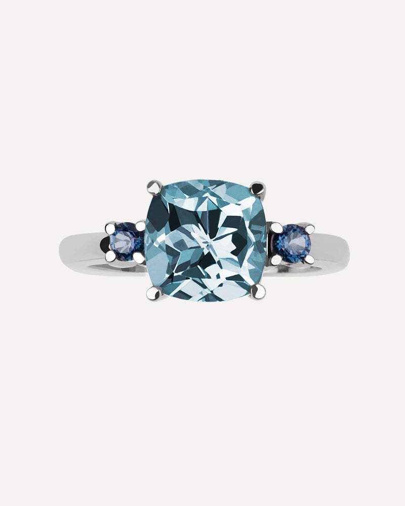 ANILLO CUSHION SKY Y LONDON BLUE A AMBOS LADOS