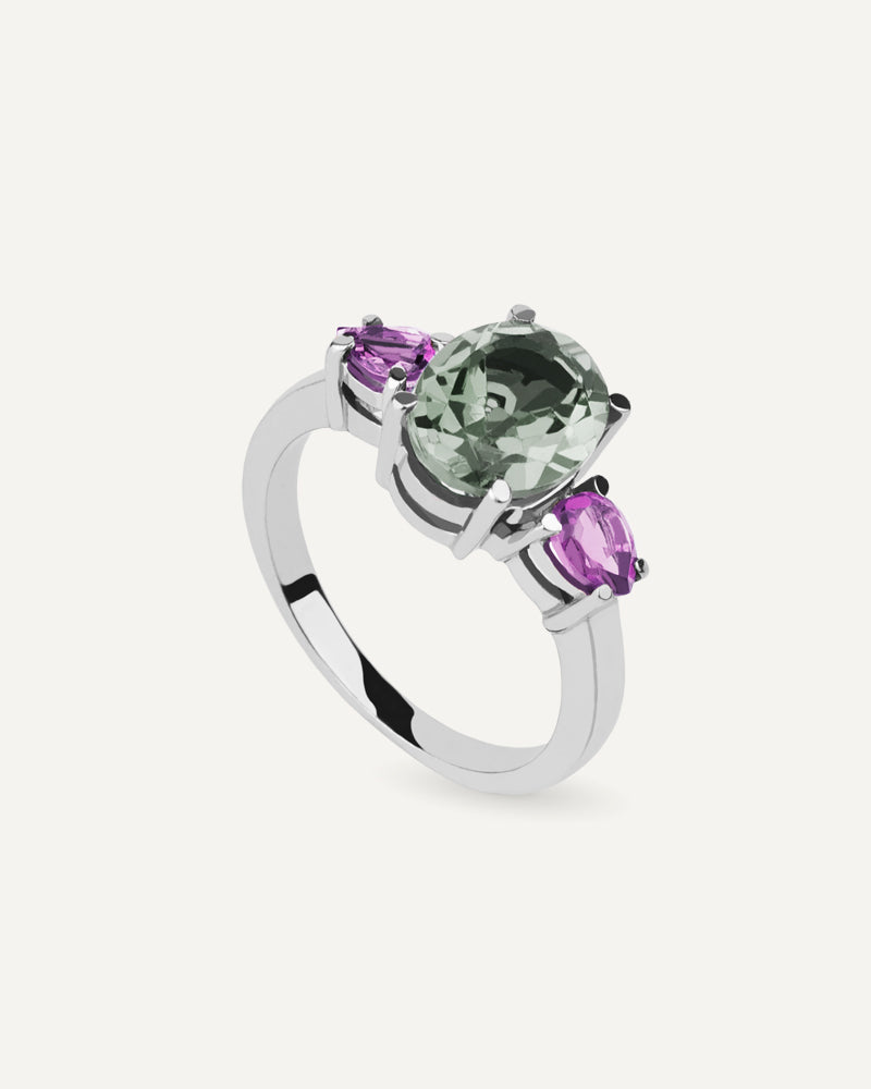 ANILLO OVAL AMATISTA VERDE Y AMATISTAS MORADAS
