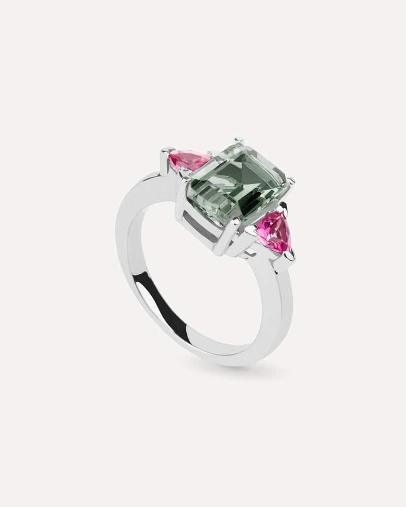 ANILLO OCTOGONAL AMATISTA VERDE Y ROSA COATED A AMBOS LADOS