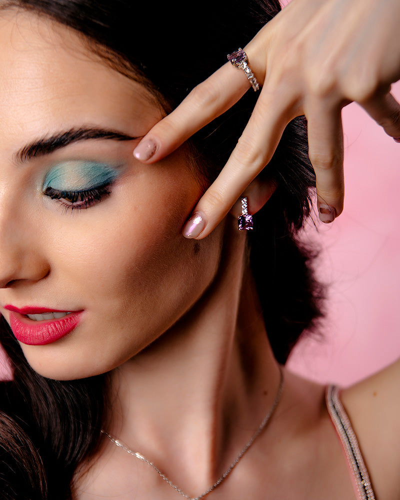 ANILLO CUARZO AMATISTA MORADA Y TOPACIOS BLANCOS