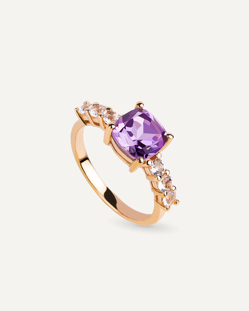 ANILLO CUARZO AMATISTA MORADA Y TOPACIOS BLANCOS