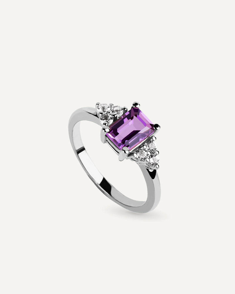 ANILLO CUARZO AMATISTA MORADA Y TOPACIOS BLANCOS