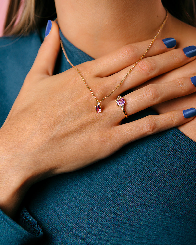 ANILLO CUARZO AMATISTA MORADA Y TOPACIOS BLANCOS