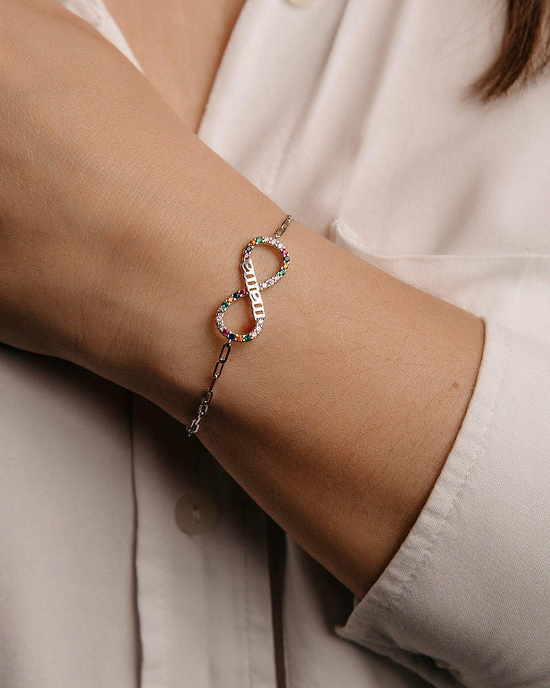 Pulsera infinito mamá con circonitas multicolor en plata de ley rodiada.