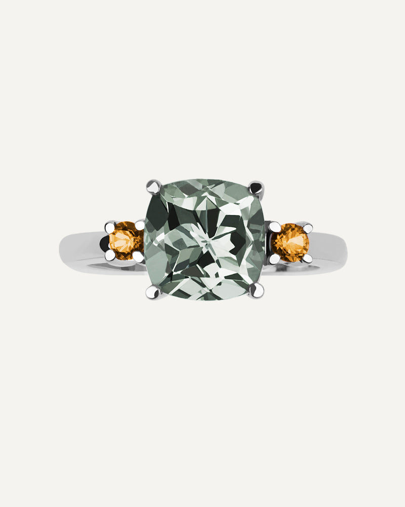 ANILLO CUSHION AMATISTA VERDE Y CITRINOS A AMBOS LADOS