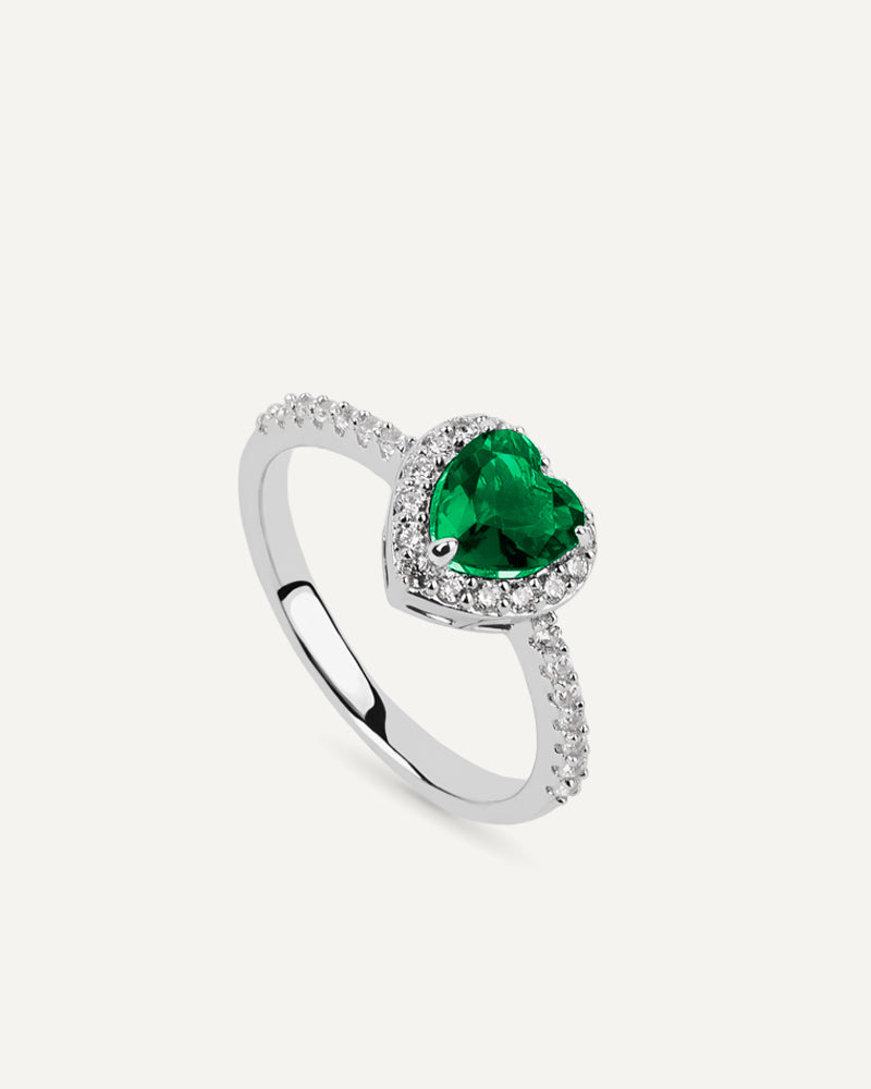 Anillo BRILLIANT CUT en garra en plata de ley con piedra verde y circonita Excellence star cut.