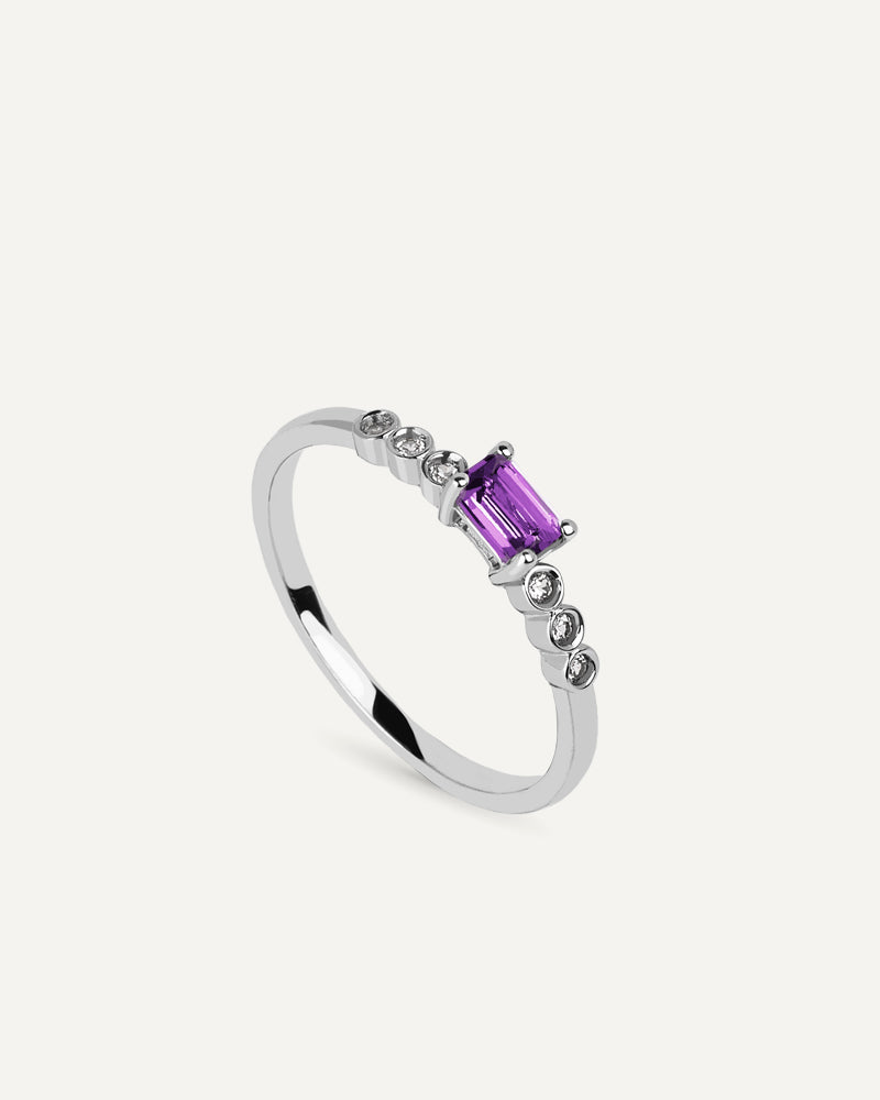 ANILLO CUARZO AMATISTA MORADA TALLA OCTOGONAL Y TOPACIOS BLANCOS