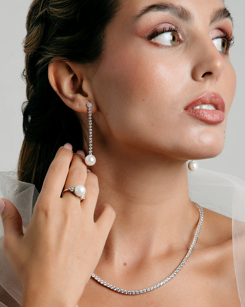 PENDIENTES BRILLIANT CUT en plata de ley con circonitas Excellence star cut y perla de concha