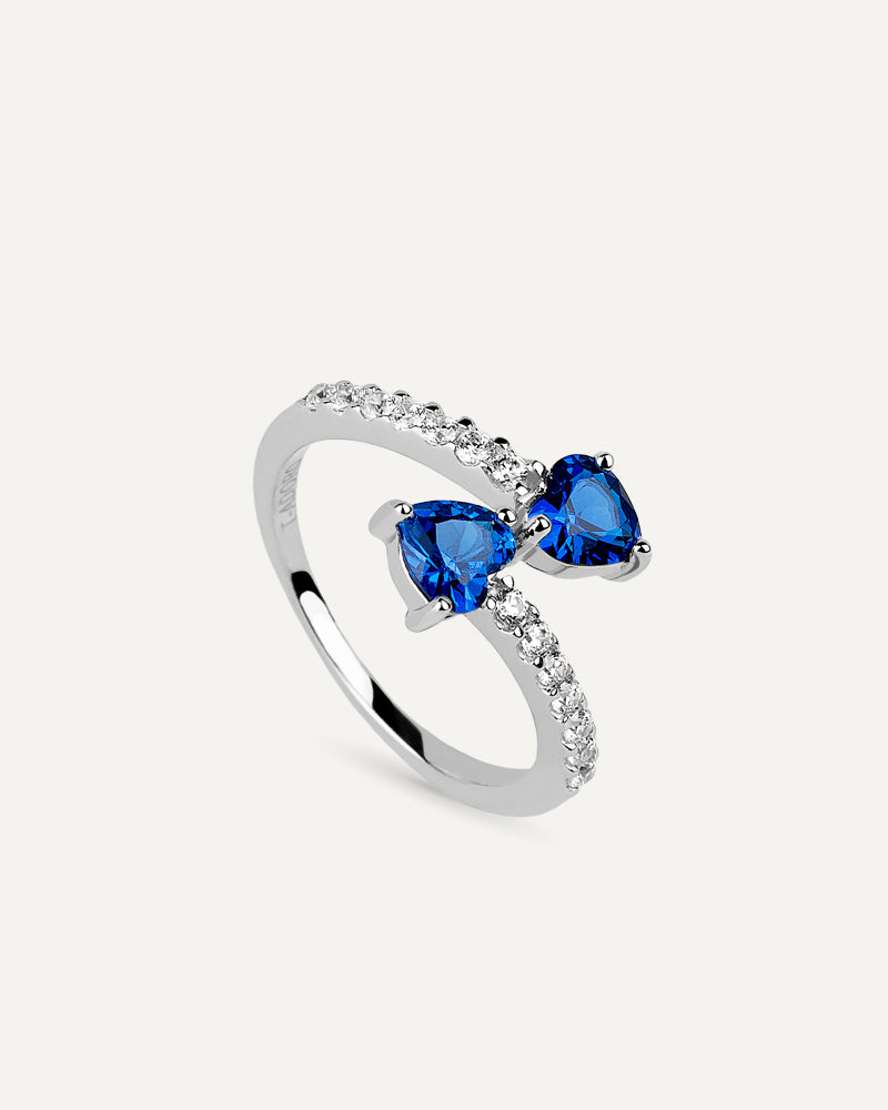 Anillo BRILLIANT CUT "Tu y Yo" en plata de ley y circonitas corazón azules Excellence star cut.