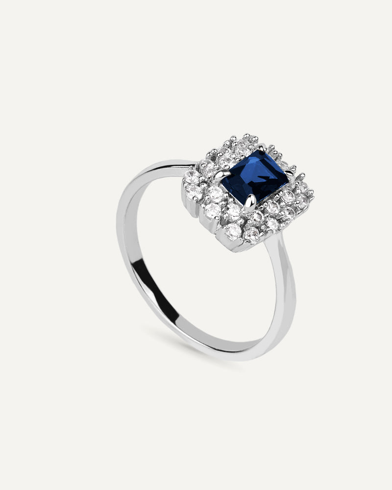 Anillo BRILLIANT CUT en plata de ley y circonitas Excellence star cut en color azul