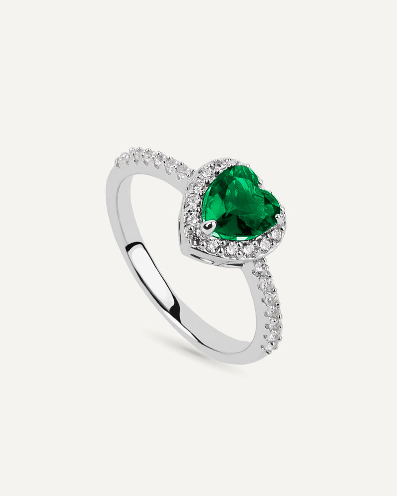 Anillo BRILLIANT CUT en garra en plata de ley con piedra verde y circonita Excellence star cut.