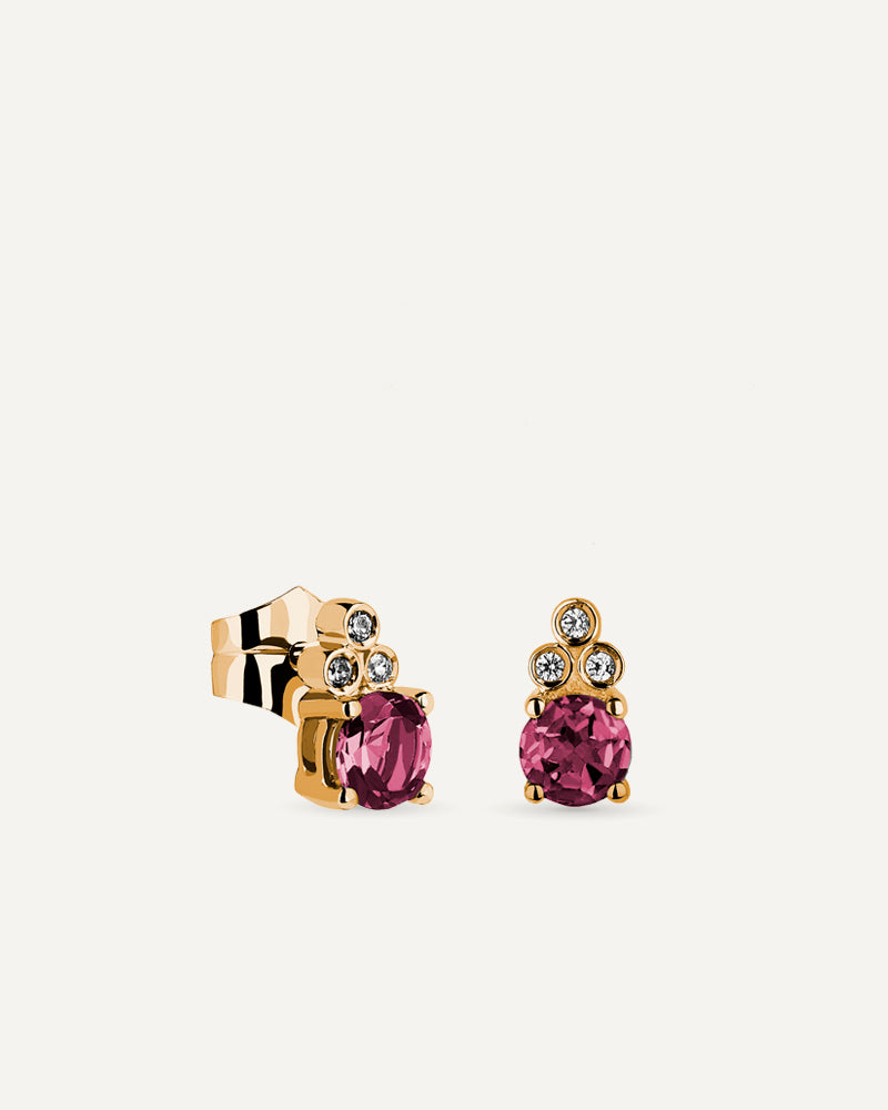 Pendientes Petite en plata de ley con baño de oro y con Rodolita en talla redonda.